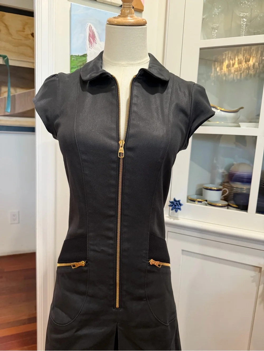Louis Vuitton Black Short-Sleeve Zip-Front Mini Dress with Gold Accents